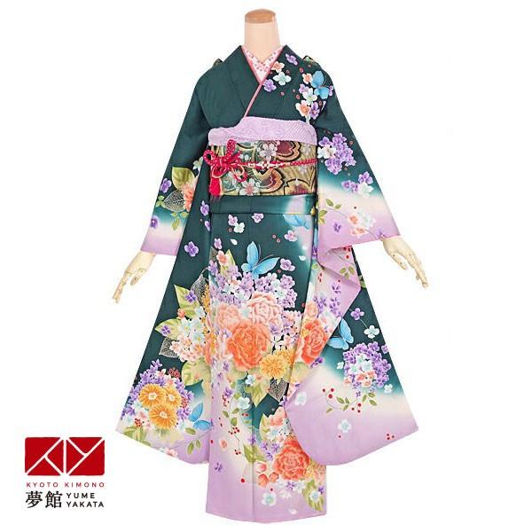 振袖 レンタル 成人式 結婚式 深緑 蘭に牡丹(絹)(宅) 一点物 12月〜1月利用 対応身長154〜165cm RS1325
