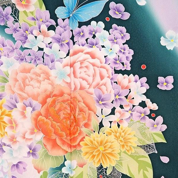 振袖 レンタル 成人式 結婚式 深緑 蘭に牡丹(絹)(宅) 一点物 12月〜1月利用 対応身長154〜165cm RS1325の画像