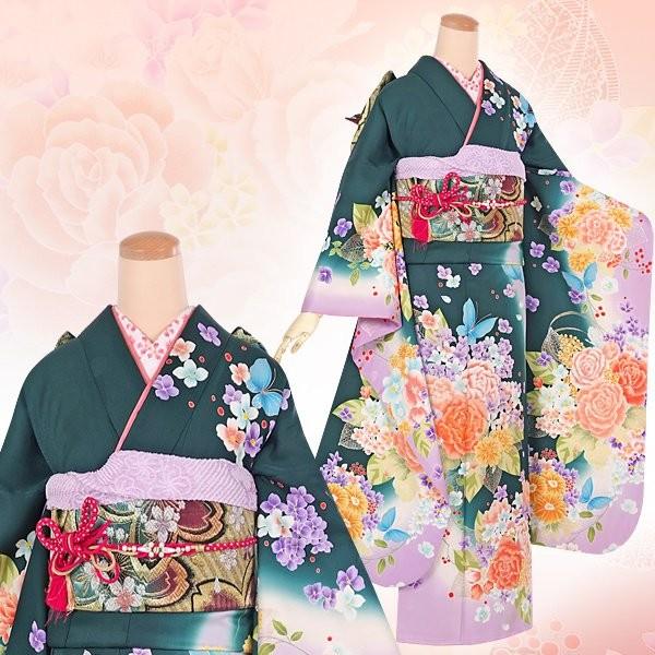 振袖 レンタル 成人式 結婚式 深緑 蘭に牡丹(絹)(宅) 一点物 12月〜1月利用 対応身長154〜165cm RS1325の画像