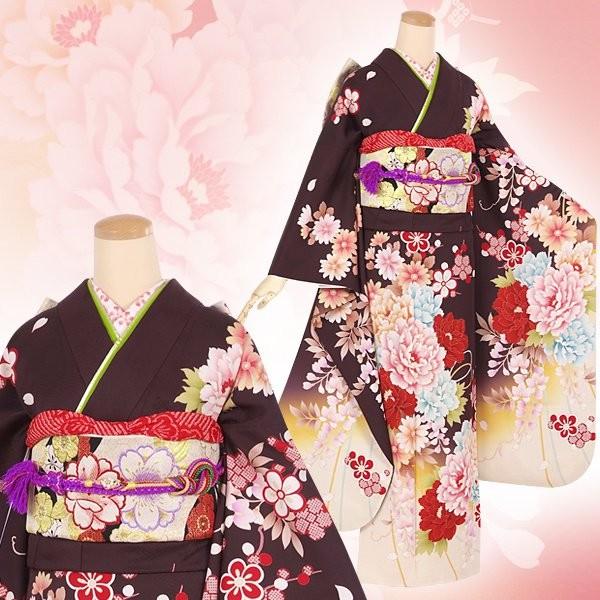 振袖 レンタル 成人式 結婚式 茶 牡丹に梅花(絹) 一点物 12月〜1月利用 対応身長154〜165cm RS1326の画像