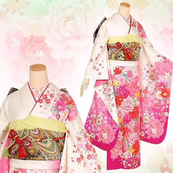 振袖 レンタル 成人式 結婚式 白 牡丹と蝶(絹) 一点物 12月〜1月利用 対応身長154〜165cm RS1327の画像