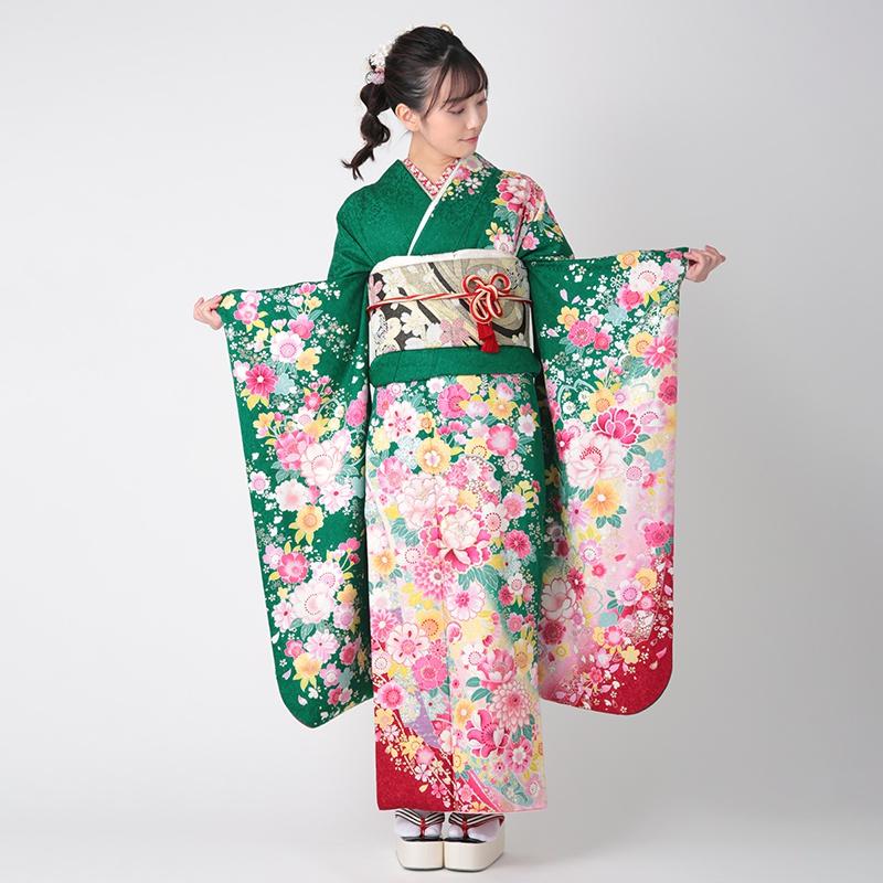 振袖 レンタル 成人式 結婚式 緑 桜熨斗に牡丹(絹) 一点物12月〜1月