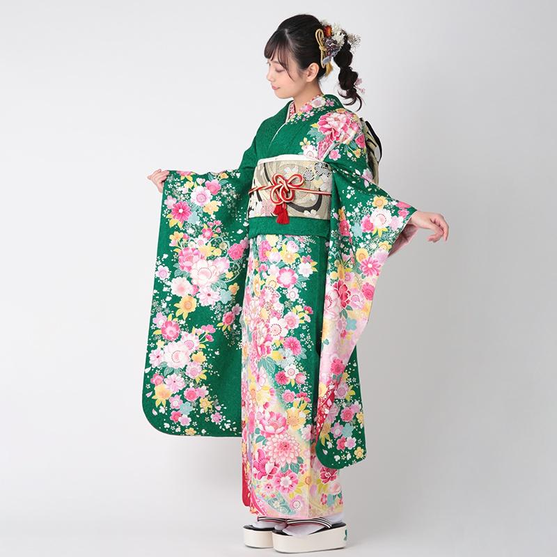 振袖 レンタル 成人式 結婚式 緑 桜熨斗に牡丹(絹) 一点物12月〜1月