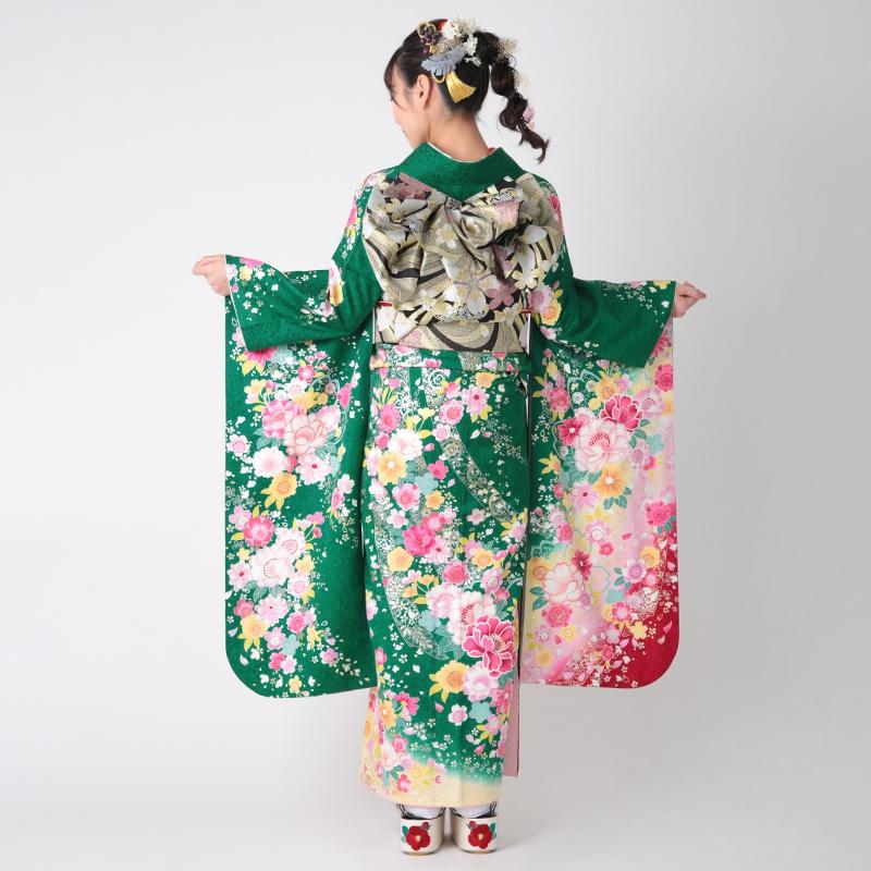 振袖 レンタル 成人式 結婚式 緑 桜熨斗に牡丹(絹) 一点物12月〜1月