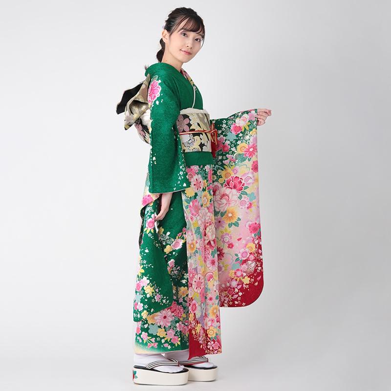 【☆Jenny☆】振袖のみ 成人式 結婚式 エンジ 緑 正絹 帯なし ☆Jenny☆】振袖のみ 成人式 結婚式 エンジ 緑 正絹 帯なし 緑の振袖