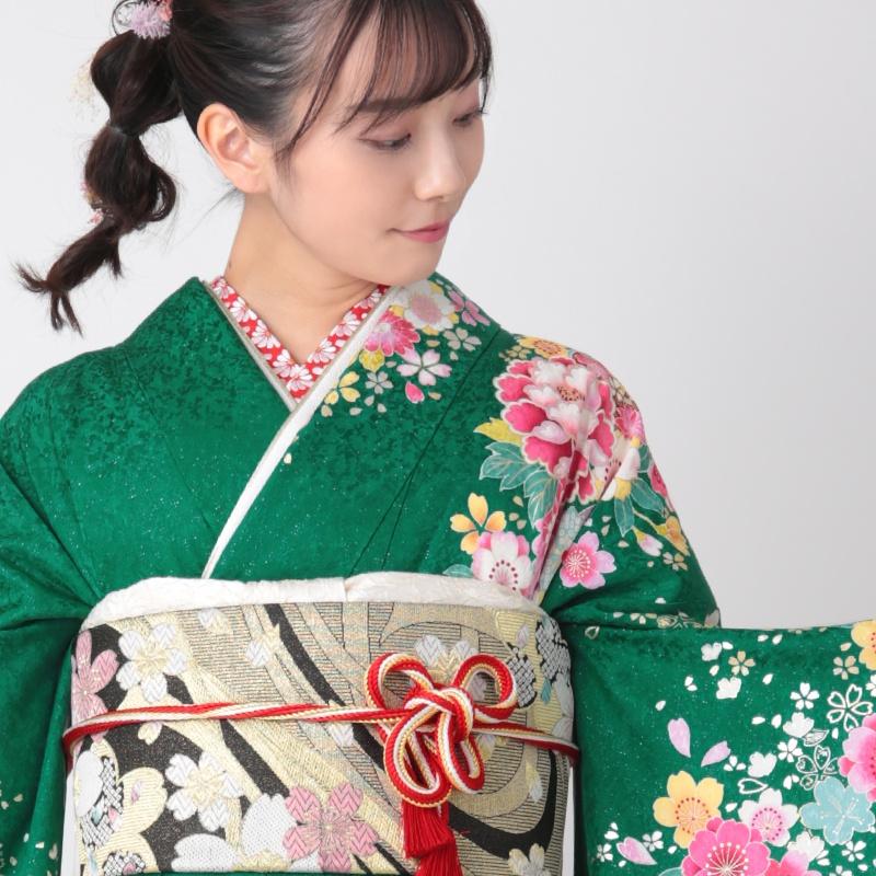 振袖 レンタル 成人式 結婚式 緑 桜熨斗に牡丹(絹) 一点物12月〜1月