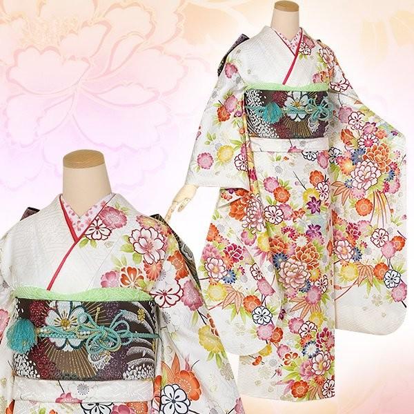 振袖 レンタル 成人式 結婚式 白 花紋に花くす玉 (絹) 一点物 12月〜1月利用 対応身長154〜165cm RS1331の画像