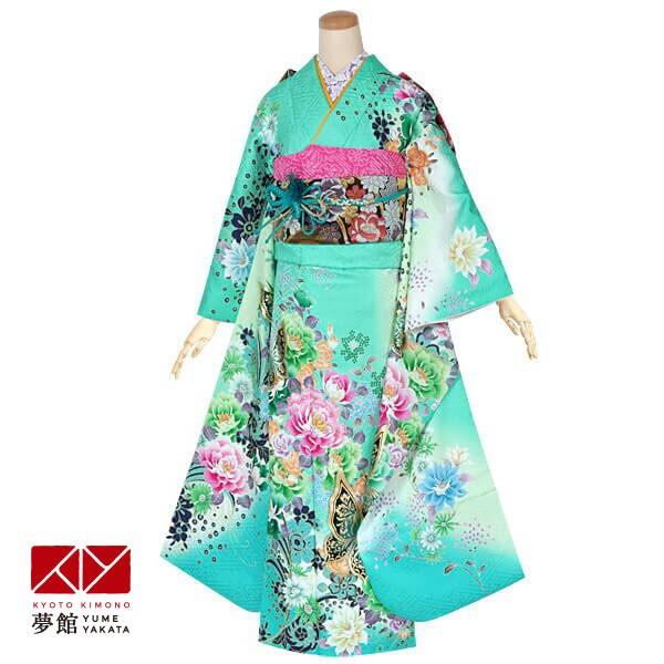 振袖 レンタル 成人式 結婚式 グリーン 乙女な花 蝶リボン(絹)12月〜1月利用 対応身長160〜164cm RS1352