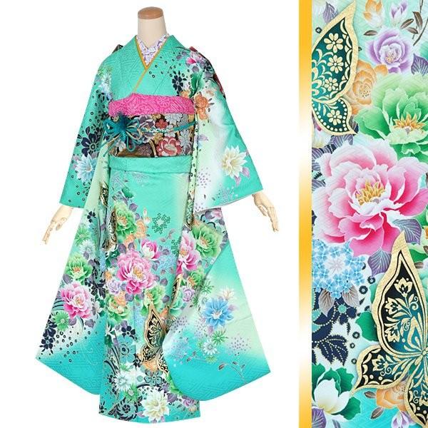 振袖 レンタル 成人式 結婚式 グリーン 乙女な花 蝶リボン(絹)12月〜1月利用 対応身長160〜164cm RS1352の画像