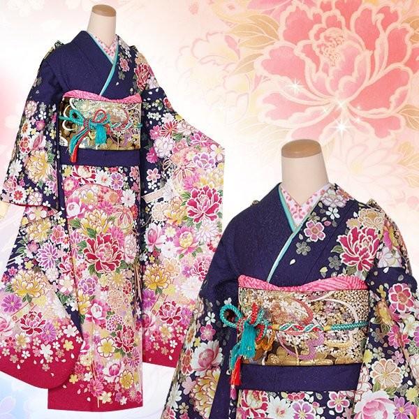 振袖 レンタル 成人式 結婚式 紺 桧扇にまり牡丹(絹)12月〜1月利用 対応身長165〜169cm RS1353の画像