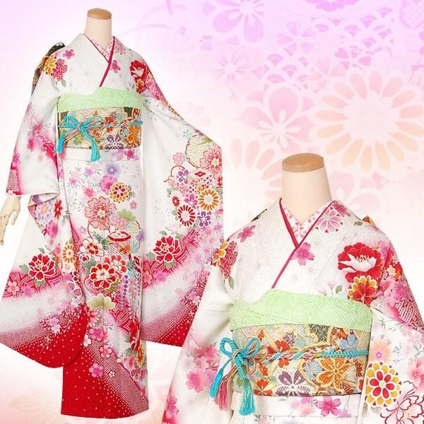 振袖 レンタル 成人式 結婚式 白 貝桶に四季の花(絹)(宅)12月〜1月利用 対応身長154〜165cm RS1357の画像