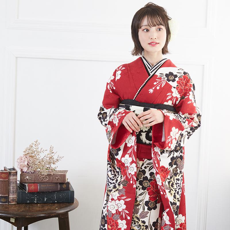 507z47☆振袖 古典柄 金彩 地紋 牡丹 桜 蝶 赤紫×黒☆成人式 結婚式 507z47☆振袖 古典柄 金彩 地紋 牡丹 桜 蝶 赤紫×黒☆成人