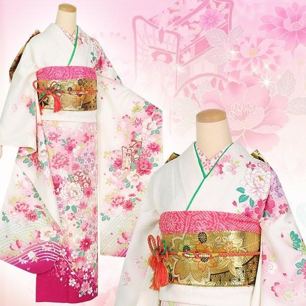 振袖 レンタル 成人式 結婚式 白 桜牡丹にまり(絹)(宅) 一点物 12月〜1月利用 対応身長154〜165cm RS1361の画像