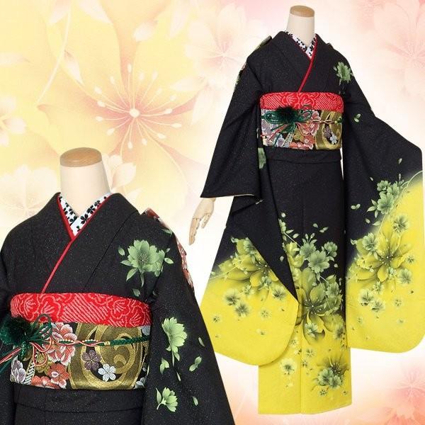 振袖 レンタル 成人式 結婚式 黒×黄 枝垂桜(絹)(宅)(R1781)12月〜1月利用 対応身長154〜165cm RS1363の画像