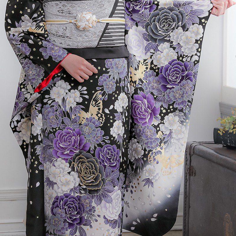 振袖 レンタル 成人式 結婚式 黒 枝垂桜に牡丹(絹)12月〜1月利用 対応
