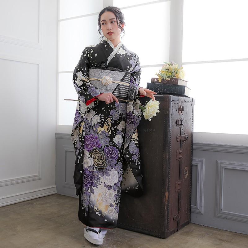 振袖 レンタル 成人式 結婚式 黒 枝垂桜に牡丹(絹)12月〜1月利用 対応