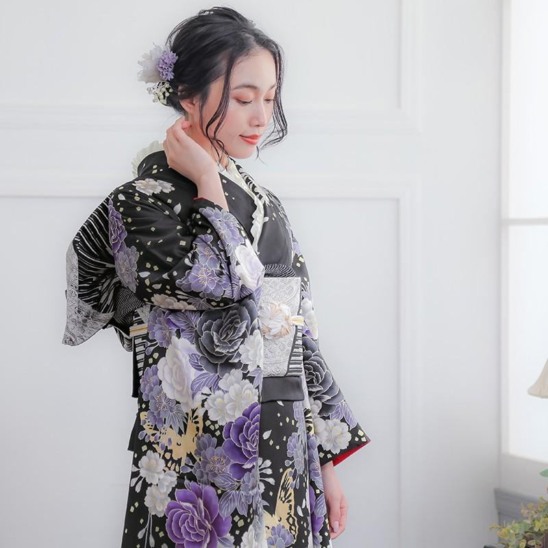 振袖　牡丹　枝垂れ桜　鞠　晴れの日　成人式　ブラック系　着物　044w d 楽天市場】振袖 レンタル 赤 【Mサイズ 蘇芳色黒枝垂桜牡丹