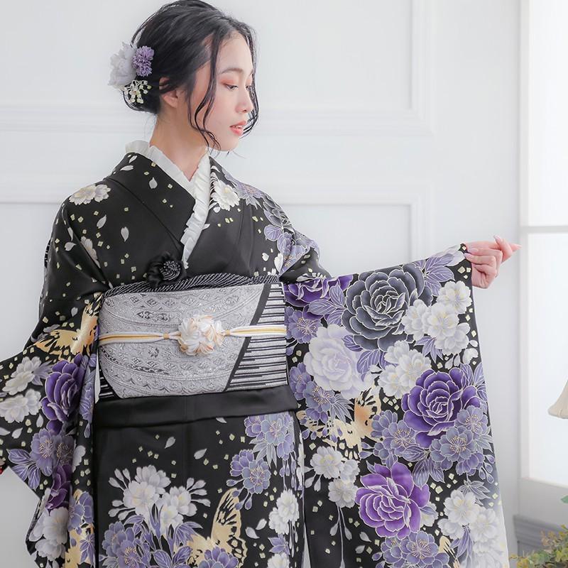 振袖 レンタル 成人式 結婚式 黒 枝垂桜に牡丹(絹)12月〜1月利用 対応