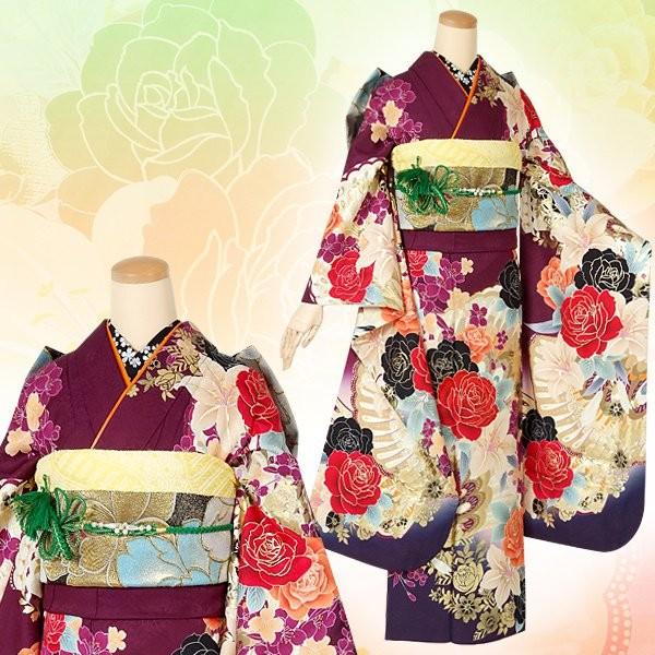振袖 レンタル 成人式 結婚式 赤紫 薔薇と百合(絹)(宅) 一点物 12月〜1月利用 対応身長154〜165cm RS1369の画像