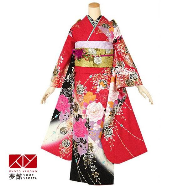 振袖 レンタル 成人式 結婚式 赤　薔薇と蝶(絹)(宅)12月〜1月利用 対応身長154〜165cm RS1370