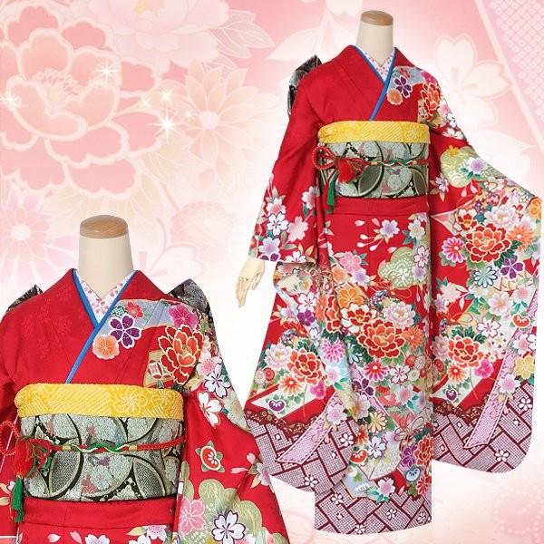 振袖 レンタル 成人式 結婚式 赤 熨斗に牡丹桜(絹)(宅)12月〜1月利用 対応身長165〜169cm RS1373の画像