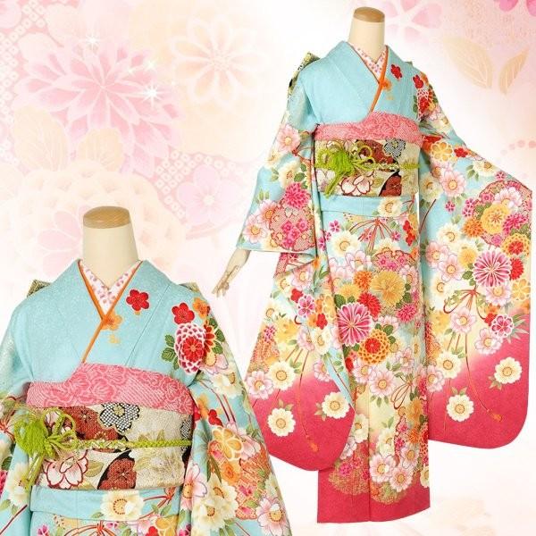 振袖 レンタル 成人式 結婚式 水色 雪輪に花結び(絹)12月〜1月利用 対応身長154〜165cm RS1376の画像