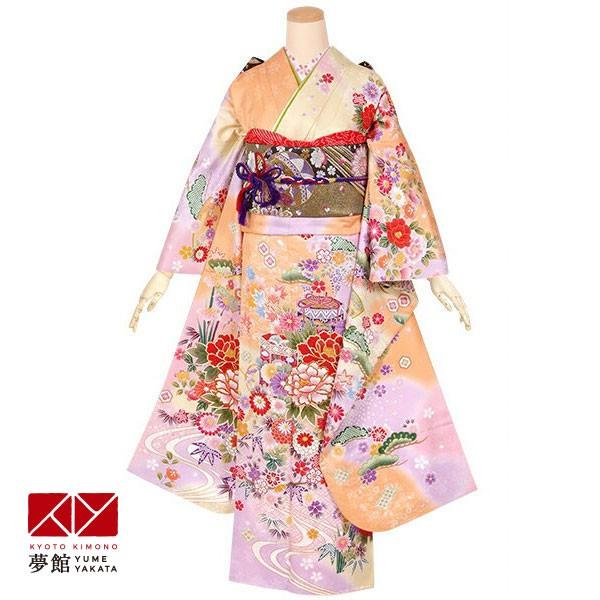 振袖 レンタル 成人式 結婚式 オレンジぼかし 吉祥貝桶に四季の花(絹) 一点物 12月〜1月利用 対応身長154〜165cm RS1378