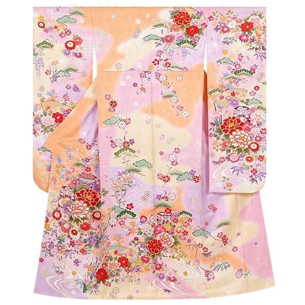 振袖 レンタル 成人式 結婚式 オレンジぼかし 吉祥貝桶に四季の花(絹) 一点物 12月〜1月利用 対応身長154〜165cm RS1378の画像