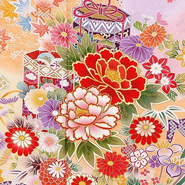 振袖 レンタル 成人式 結婚式 オレンジぼかし 吉祥貝桶に四季の花(絹) 一点物 12月〜1月利用 対応身長154〜165cm RS1378の画像