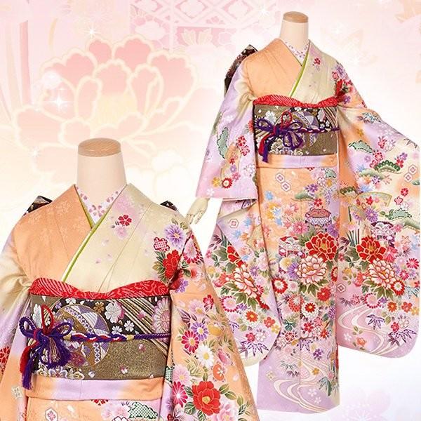 振袖 レンタル 成人式 結婚式 オレンジぼかし 吉祥貝桶に四季の花(絹) 一点物 12月〜1月利用 対応身長154〜165cm RS1378の画像