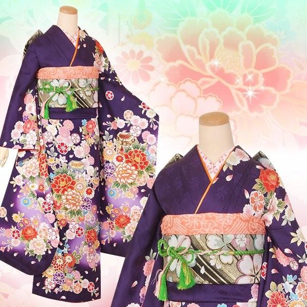振袖 レンタル 成人式 結婚式 紫 貝桶に牡丹(絹)(宅) 一点物 12月〜1月利用 対応身長154〜165cm RS1380の画像