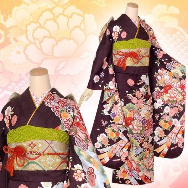振袖 レンタル 成人式 結婚式 茶 吉祥花紋に宝尽くし(絹) 一点物 12月〜1月利用 対応身長154〜165cm RS1381の画像