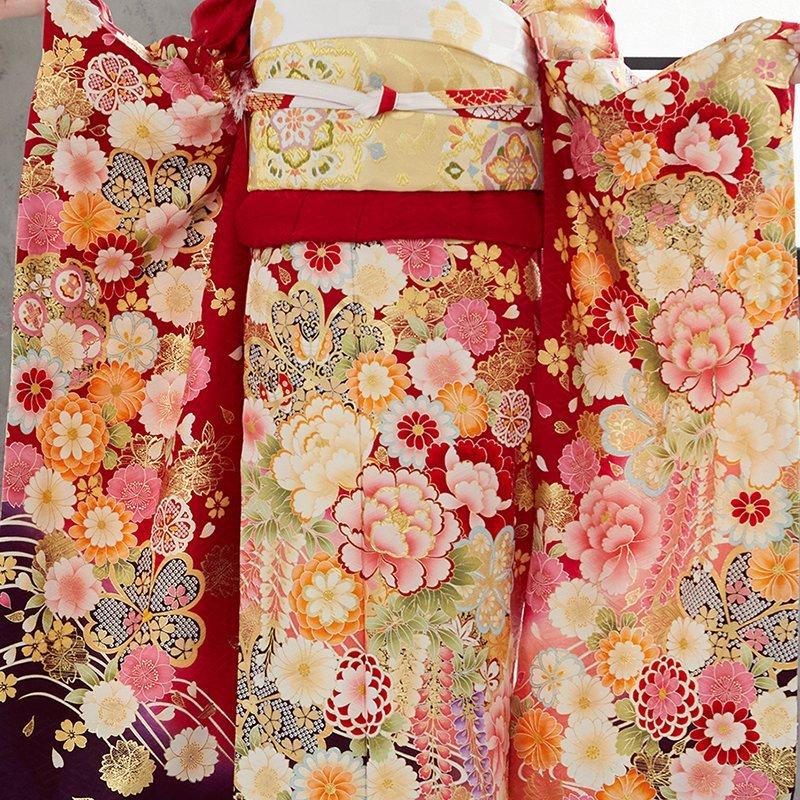 振袖 レンタル 成人式 結婚式 赤 桜花藤牡丹(絹)(宅)12月〜1月利用