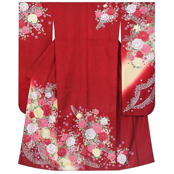 振袖 レンタル 成人式 結婚式 赤 薔薇とティアラ(絹)(宅) 一点物 12月〜1月利用 対応身長154〜165cm RS1386の画像