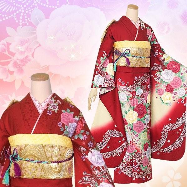 振袖 レンタル 成人式 結婚式 赤 薔薇とティアラ(絹)(宅) 一点物 12月〜1月利用 対応身長154〜165cm RS1386の画像