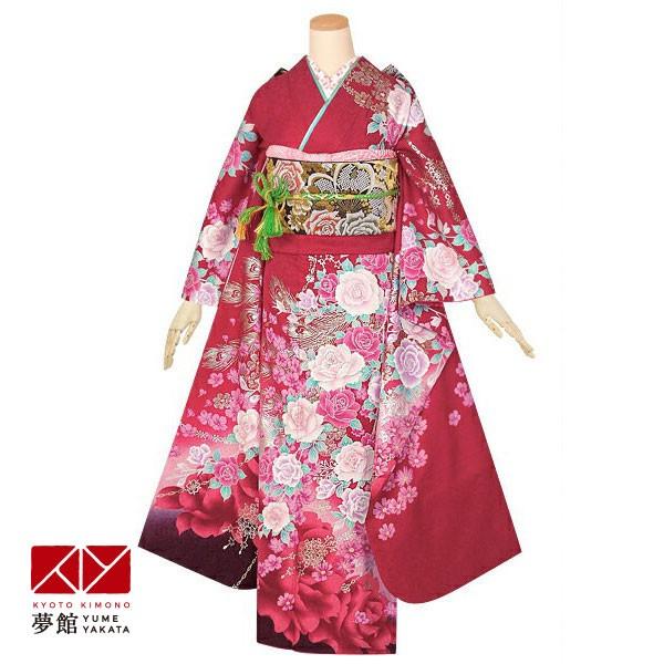 振袖 レンタル 成人式 結婚式 赤 薔薇と孔雀の羽根(絹)(宅) 一点物 12月〜1月利用 対応身長154〜165cm RS1393