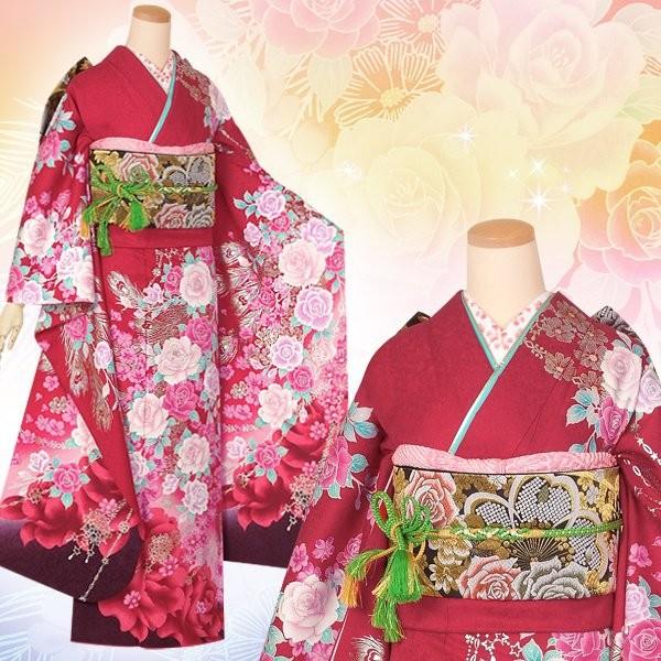 振袖 レンタル 成人式 結婚式 赤 薔薇と孔雀の羽根(絹)(宅) 一点物 12月〜1月利用 対応身長154〜165cm RS1393の画像
