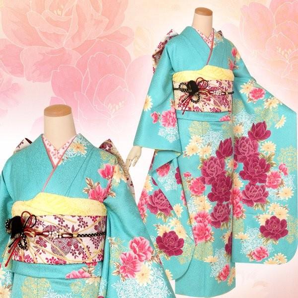 振袖 レンタル 成人式 結婚式 ピーコックグリーン 薔薇とスノークリスタル(絹)(宅) 一点物 12月〜1月利用 対応身長154〜165cm RS1394の画像