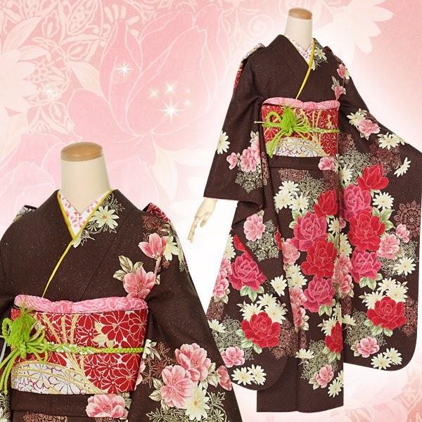 振袖 レンタル 成人式 結婚式 茶 薔薇とスノークリスタル(絹)(宅) 一点物 12月〜1月利用 対応身長160〜164cm RS1397の画像