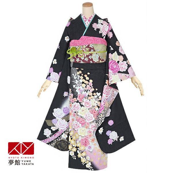 振袖 レンタル 成人式 結婚式 黒　鬘帯に花(絹)(宅) 一点物12月〜1月利用 対応身長154〜165cm RS1398