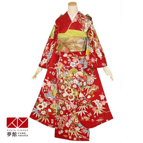 振袖 レンタル 成人式 結婚式 赤　御所車に宝松竹梅(絹) 一点物12月〜1月利用 対応身長154〜165cm RS1418