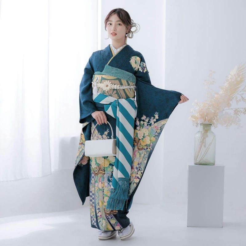 振袖 レンタル 成人式 結婚式 青緑 熨斗に花車(絹)(宅)12月〜1月 振袖 レンタル 成人式 結婚式 青緑 熨斗に花車(絹)(宅)12月〜1月