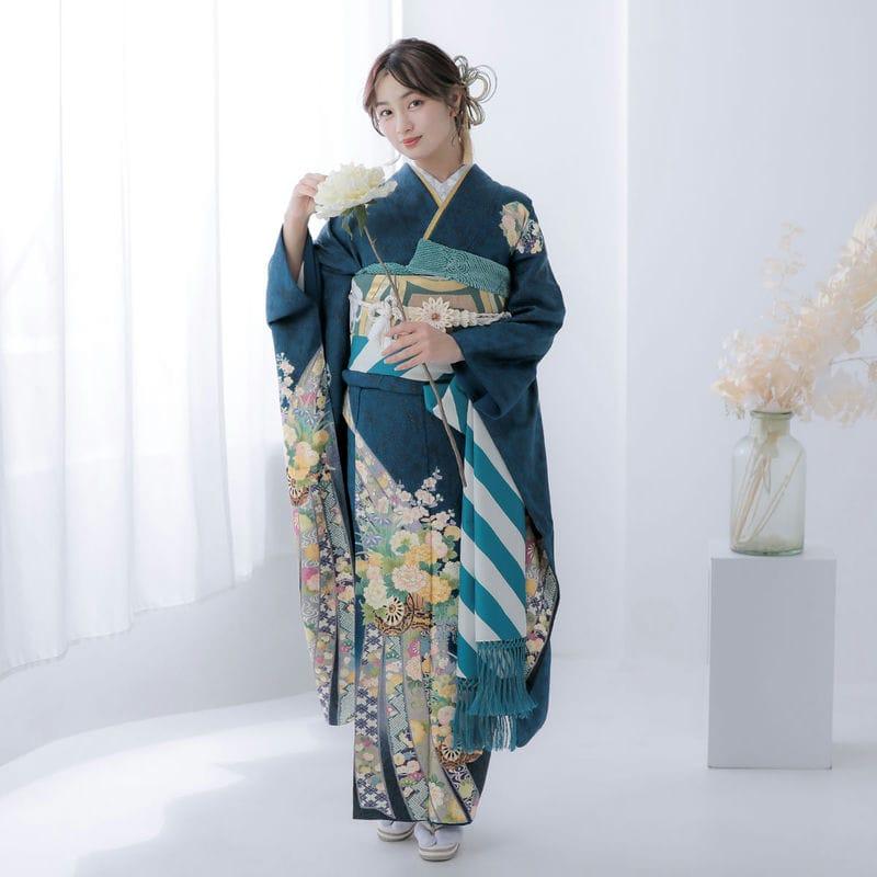 青緑色 花柄 振袖 絹製 楽天市場】【レンタル】【成人式振袖レンタル 青緑系 桜・糸巻