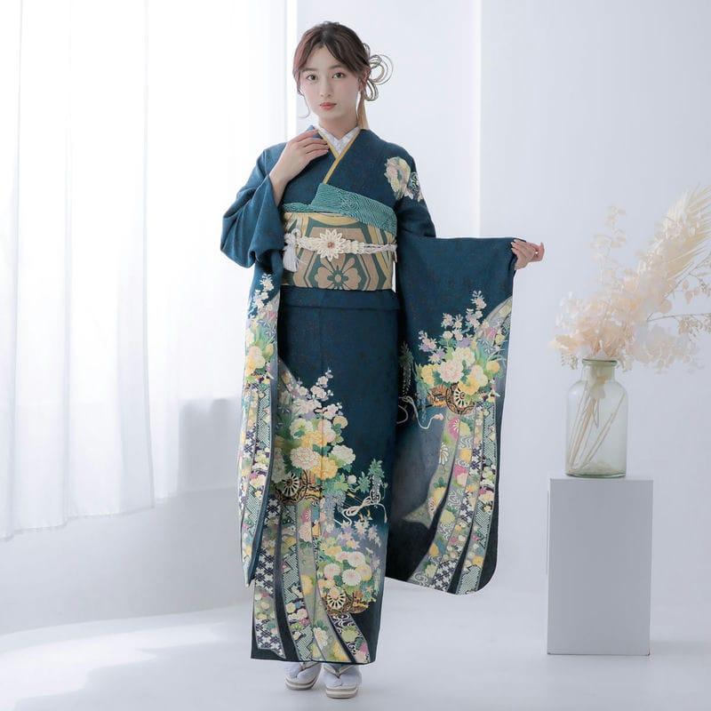 青緑色 花柄 振袖 絹製 青緑色の振袖 花と風景刺繍 NO.21 青地・緑ぼかし 花熨斗目