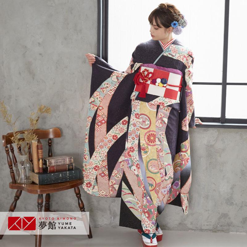 振袖 レンタル 成人式 結婚式 濃紫黒 丸紋疋田熨斗(絹)(宅) 一点物 12