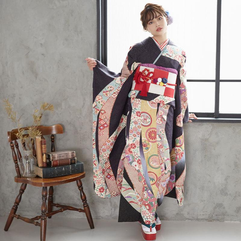 振袖 レンタル 成人式 結婚式 濃紫黒 丸紋疋田熨斗(絹)(宅) 一点物 12