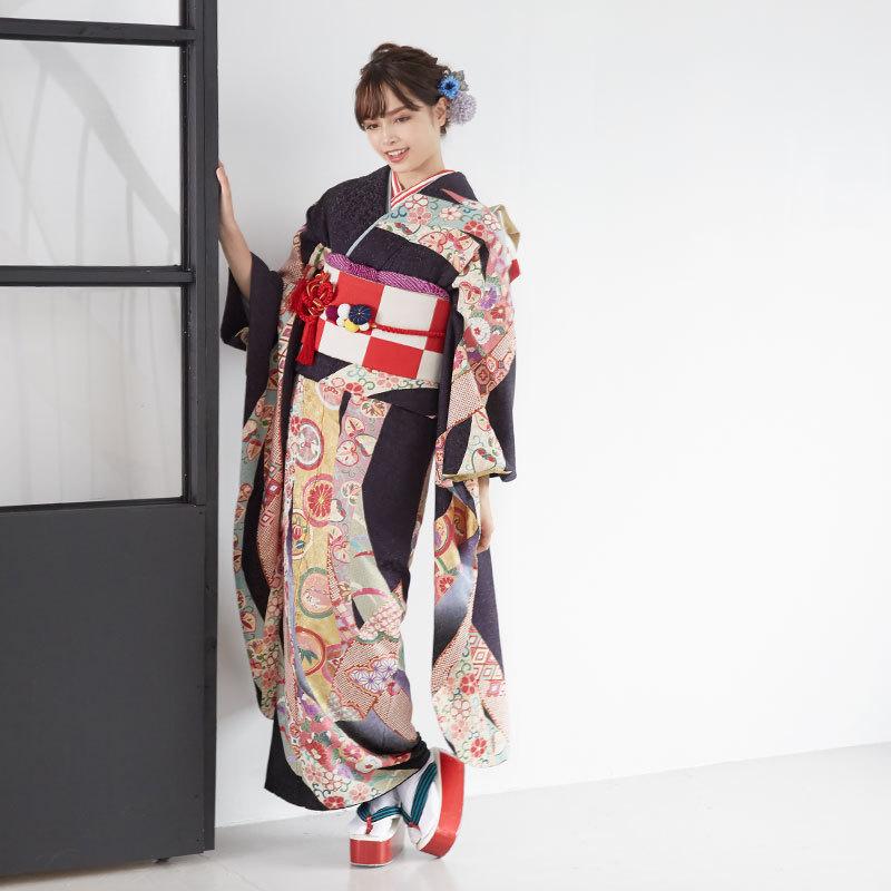 振袖 レンタル 成人式 結婚式 濃紫黒 丸紋疋田熨斗(絹)(宅) 一点物 12