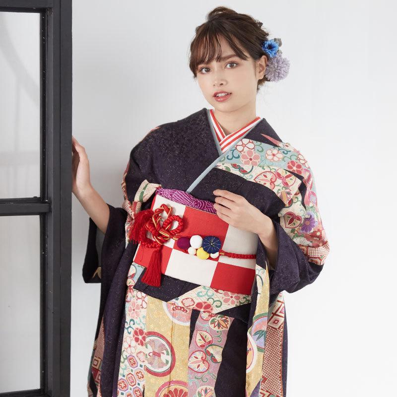振袖 レンタル 成人式 結婚式 濃紫黒 丸紋疋田熨斗(絹)(宅) 一点物 12