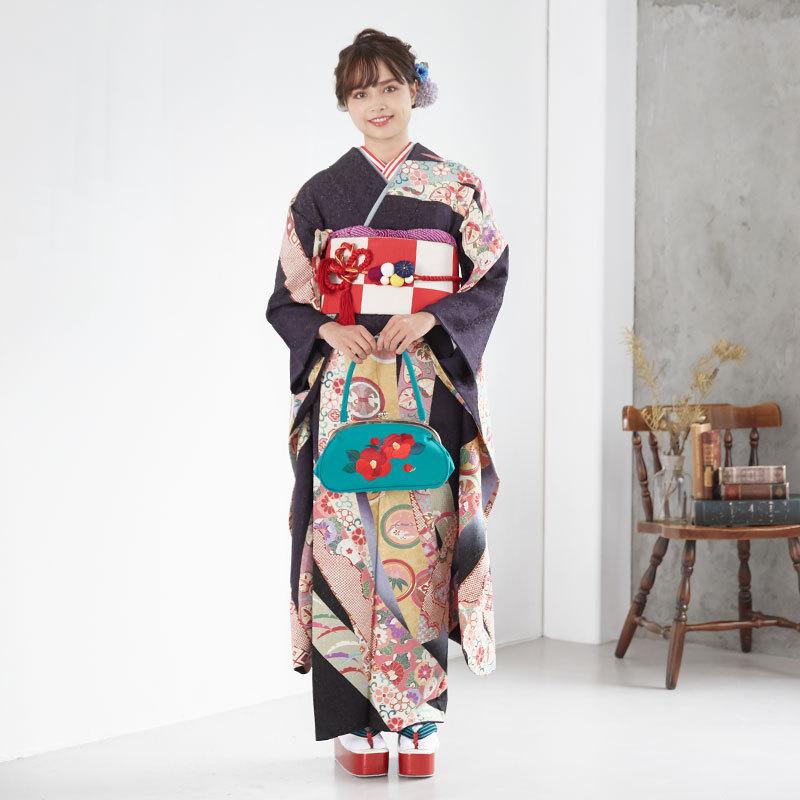 振袖 レンタル 成人式 結婚式 濃紫黒 丸紋疋田熨斗(絹)(宅) 一点物 12