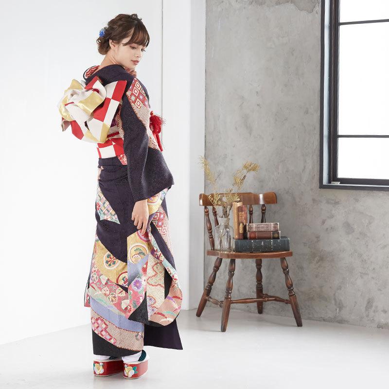 振袖 レンタル 成人式 結婚式 濃紫黒 丸紋疋田熨斗(絹)(宅) 一点物 12